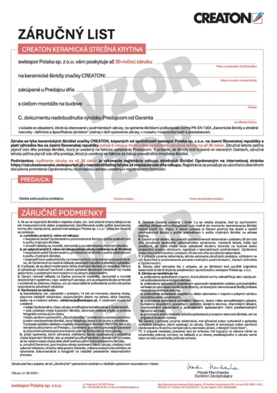 Vzor – záručný list pre keramické strešné škridly CREATON