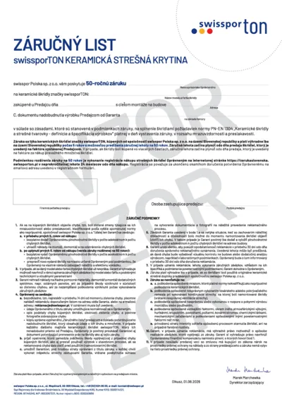 Vzor – záručný list pre keramické strešné škridly swissporTON