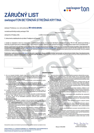 Vzor – záručný list pre betónové strešné škridly swissporTON